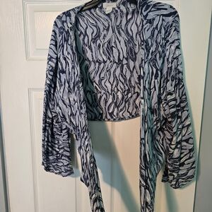 Lightweight Open Tie Front Printed Kimono Cardigan - Blue & White